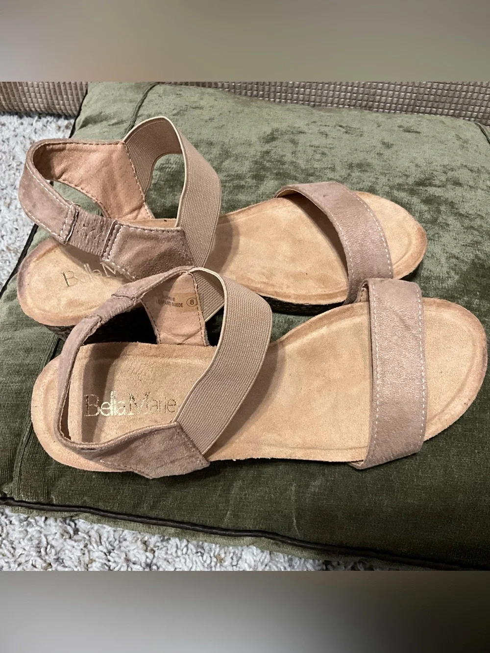 Neutral Taupe Suede Cork Wedge Sandals with Elastic Back
